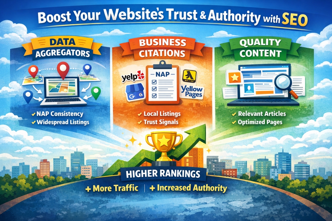 Boost website SEO and authority using data aggregators, business citations, and quality content to improve search rankings and online trust.